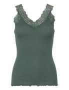 Organic Top W/ Lace Tops T-shirts & Tops Sleeveless Khaki Green Rosemunde