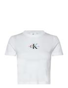 Monologo Graphic Baby Tee Tops Crop Tops Short-sleeved Crop Tops White Calvin Klein Jeans