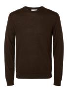 Slhtray Ls Knit Merino Crew Neck Noos Tops Knitwear Long Sleeve Knitted Polos Brown Selected Homme