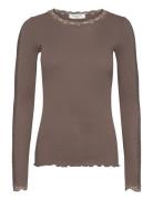 Organic T-Shirt W/ Lace1 Tops T-shirts & Tops Long-sleeved Brown Rosemunde