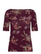 Floral Stretch Cotton Boatneck Tee Tops T-shirts & Tops Short-sleeved Burgundy Lauren Ralph Lauren