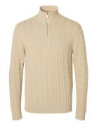 Slhryan Structure Half Zip Tops Knitwear Half Zip Jumpers Beige Selected Homme