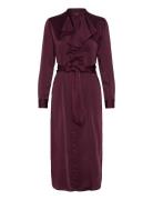 Ruffle-Trim Satin Charmeuse Shirtdress Knælang Kjole Burgundy Lauren Ralph Lauren