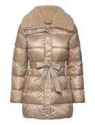 Faux-Shearling-Trim Belted Down Coat Foret Jakke Beige Lauren Ralph Lauren