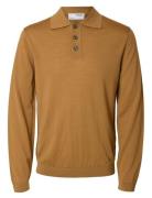 Slhtray Ls Knit Merino Sc Polo Ex Tops Knitwear Long Sleeve Knitted Polos Beige Selected Homme