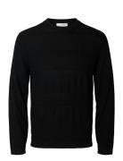 Slhtray Ls Knit Merino Crochet Crewneck Tops Knitwear Round Necks Black Selected Homme