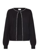 Vizafina L/S O-Neck Pearl Knit Cardigan Tops Knitwear Cardigans Black Vila