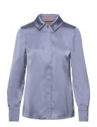 Collared Fitted Shirt, 2261 Satin Designers Blouses Long-sleeved Blue STINE GOYA