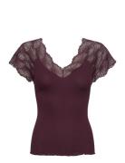 Beatha Silk Top W/Lace Tops T-shirts & Tops Short-sleeved Burgundy Rosemunde