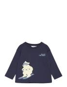 Printed Long Sleeve T-Shirt Tops T-shirts Long-sleeved T-Skjorte Navy Mango