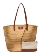 Leather-Trim Straw Large Brie Tote Bag Shopper Taske Beige Lauren Ralph Lauren