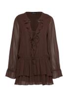 Frilled V-Neck Mini Dress Kort Kjole Brown Monki