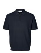 Slhcran Ss Knit Structure Half Zip Polo Tops Polos Short-sleeved Navy Selected