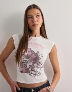 Ed Hardy - Hvid - Womens Koi Fish Diamante Cap Sleeve Tshirt Top